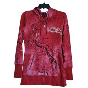 Y2K Ed Hardy Christian Audigier Vintage Red Graphic Dragon Hoodie Jacket
